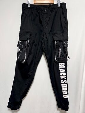 BLACK SQUAD Black Utility Cargo Pants Techwear Buckle Zip Pocket Mens S